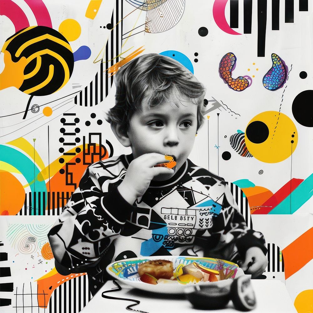 Paper collage of kid eating portrait art photo.