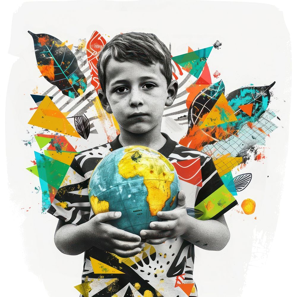 Paper collage of kid holding globe portrait art child.