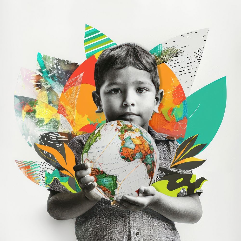 Paper collage of kid holding globe portrait art photo.