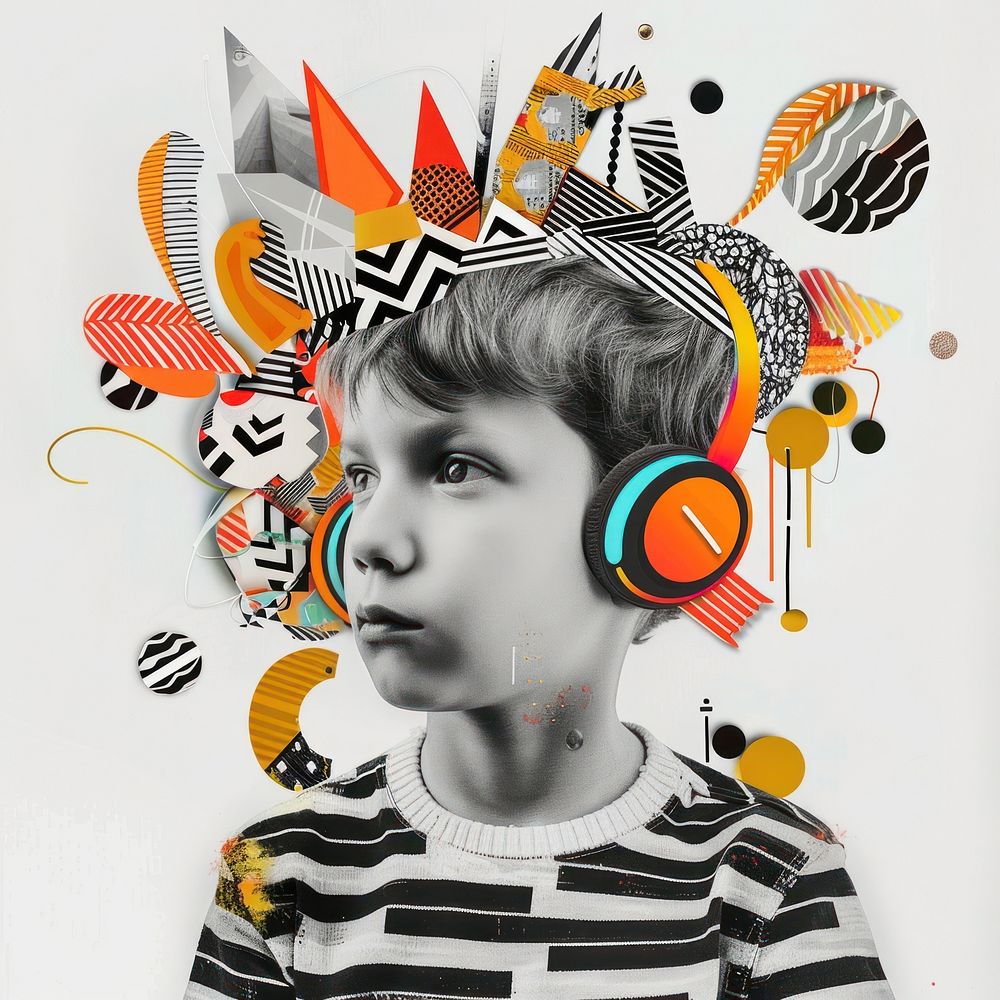 Kid listening music collaged portrait art photo.