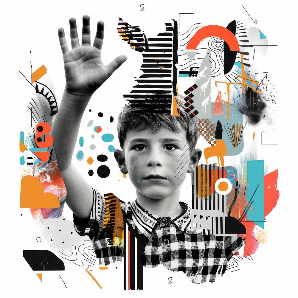 Paper collage of kid raising hand portrait art poster.