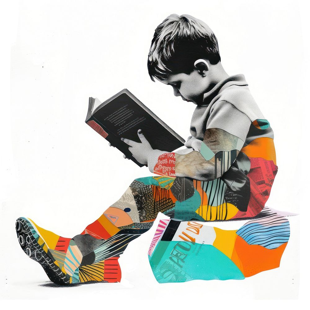 Paper collage of kid reading book sitting art advertisement.