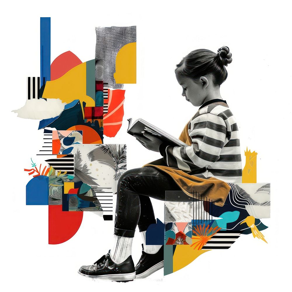 Paper collage of kid reading book art footwear sitting.