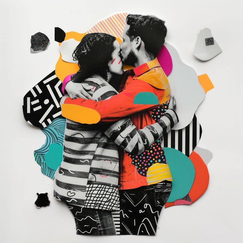 Paper collage of people hugging art creativity relaxation.