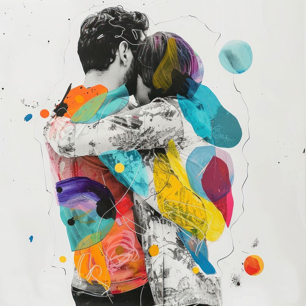 Paper collage of people hugging art painting drawing.