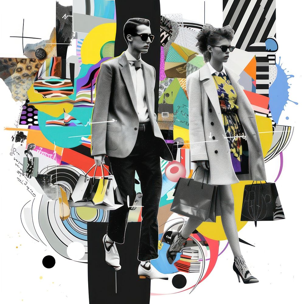 Paper collage of people shopping art footwear adult.