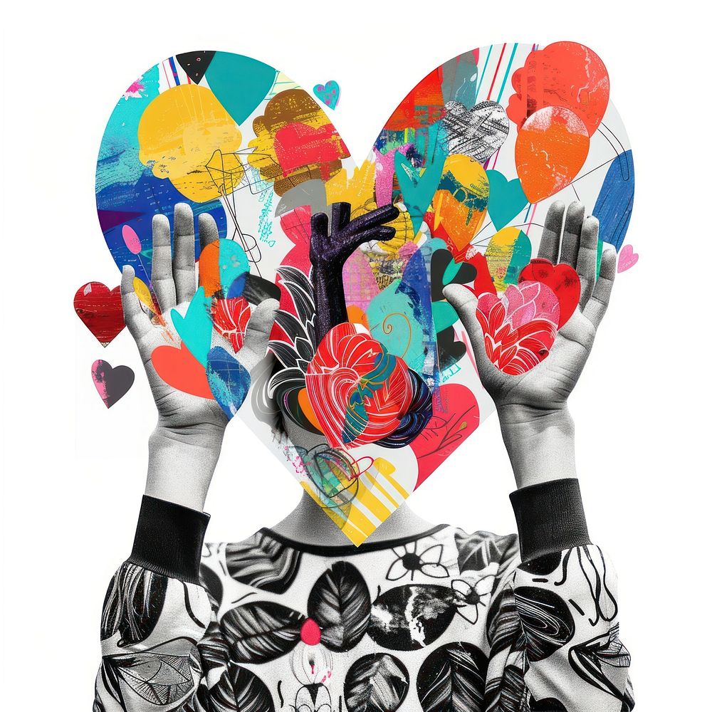 Person doing heart hands collage white background creativity.