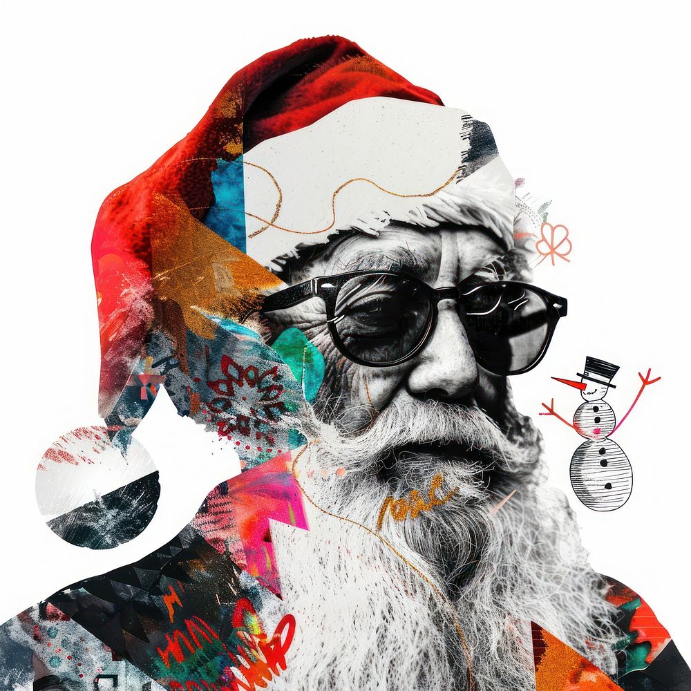 Paper collage of Santa Claus art portrait glasses.