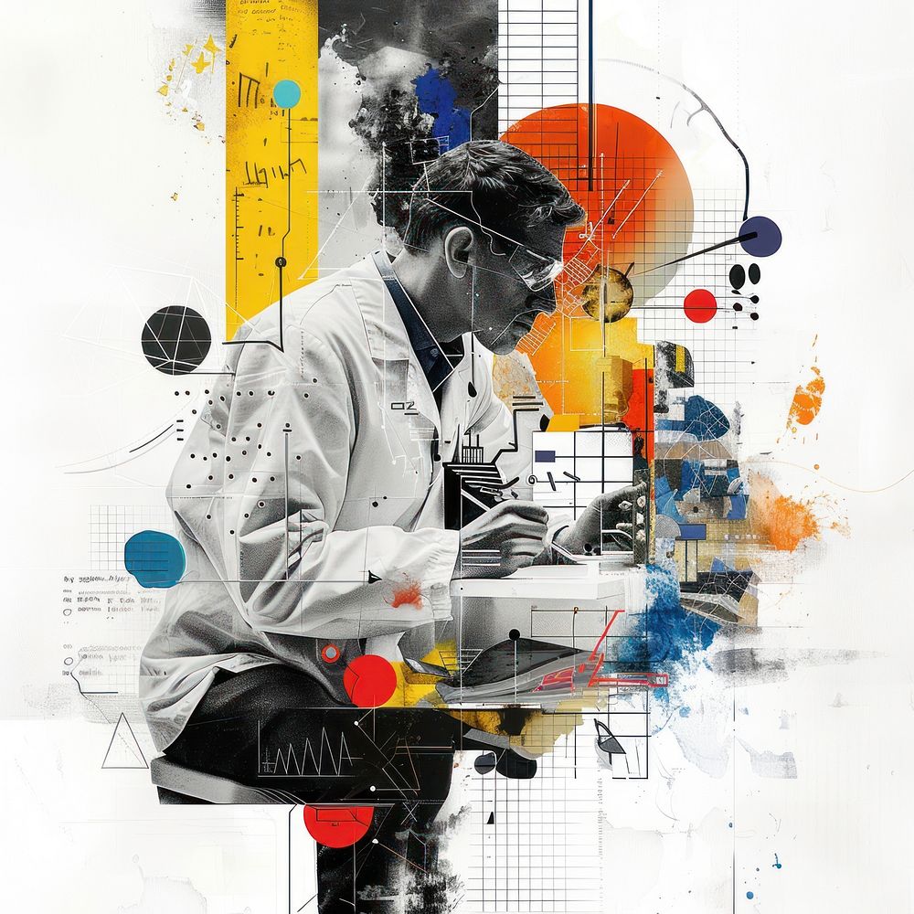 Paper collage of scientist working art portrait poster.