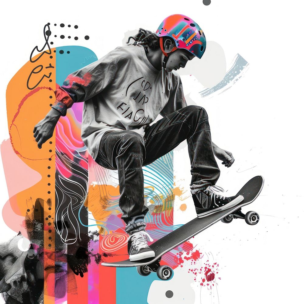 Paper collage of skateboarder art footwear skateboarding.