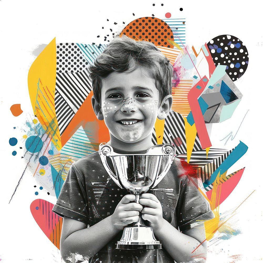 Smiling kid holding trophy portrait collage art.