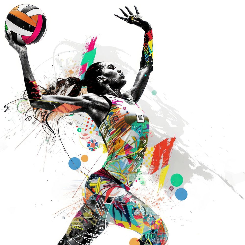 Paper collage of volleyball athlete abstract drawing sports.