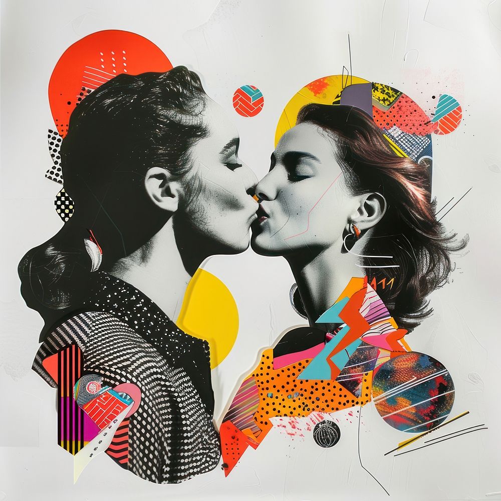 Woman blowing kiss man collage art kissing.