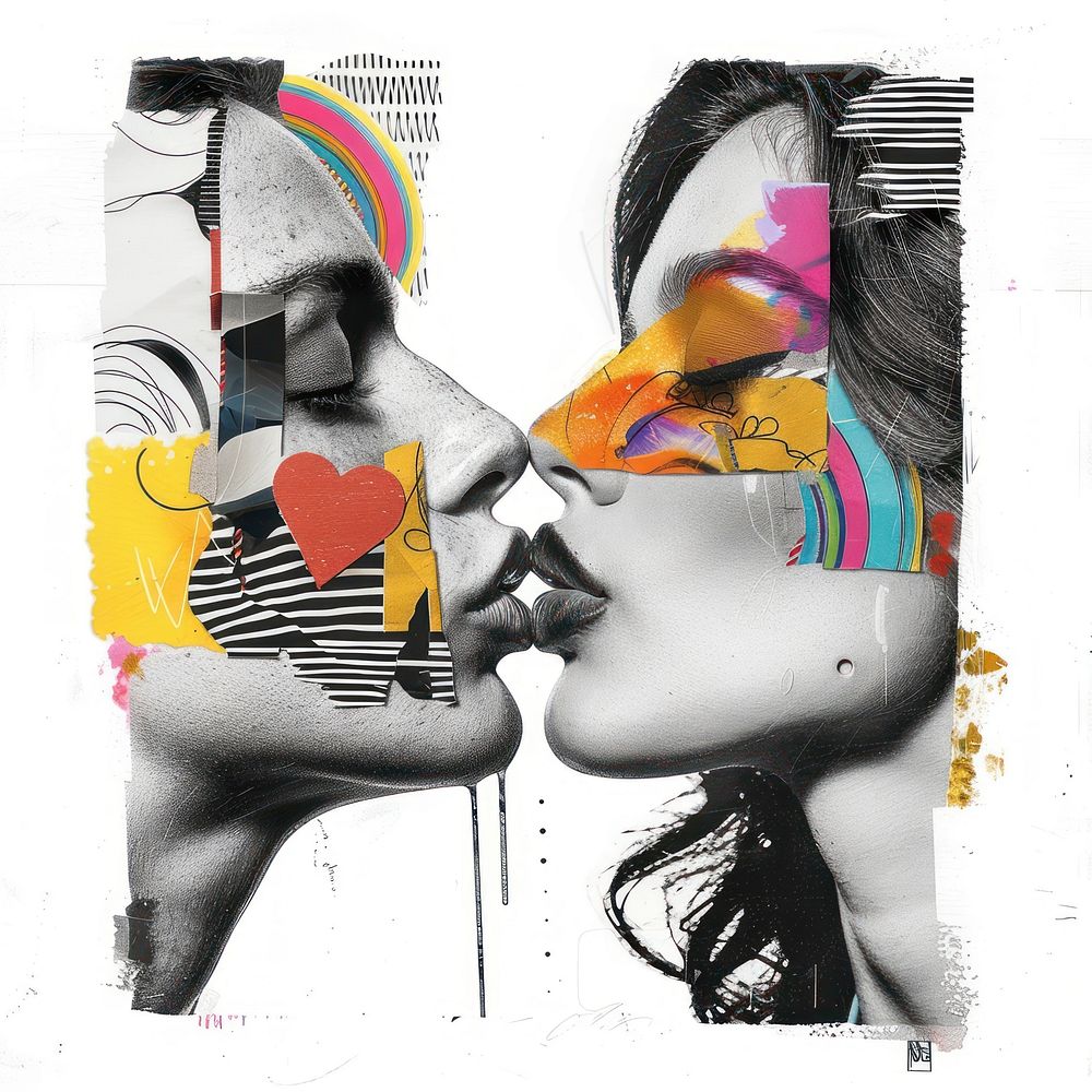 Woman couple blowing kiss collage art portrait.