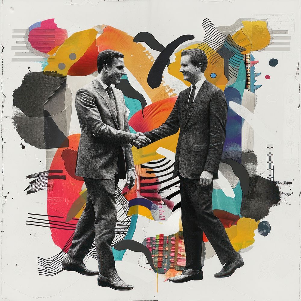 Businessman shaking hand collaged art poster adult.