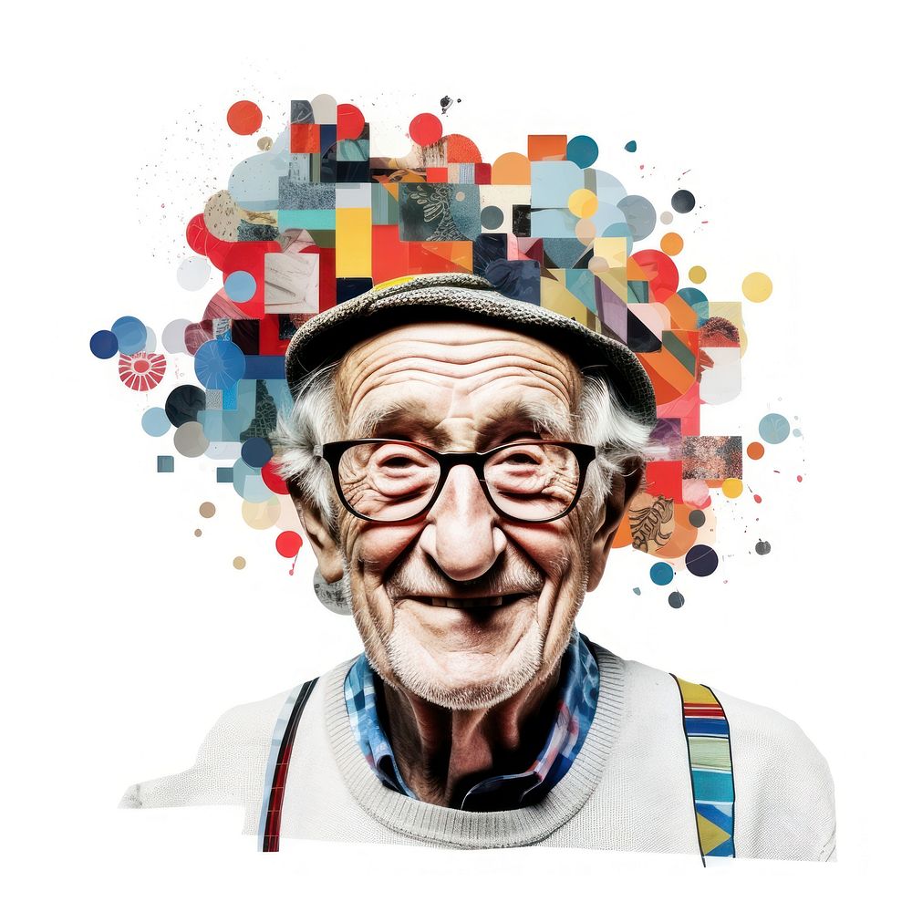 Paper collage elderly man portrait art painting.