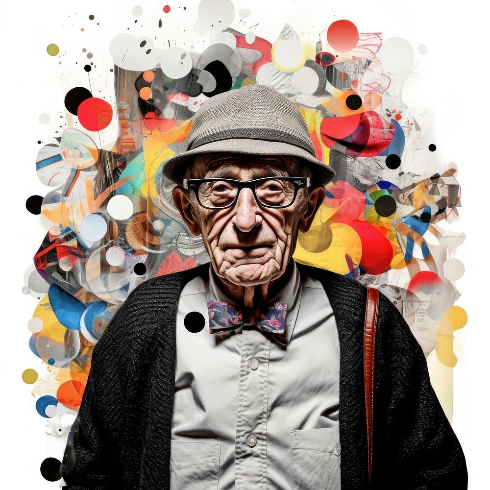 Paper collage elderly man portrait art painting.