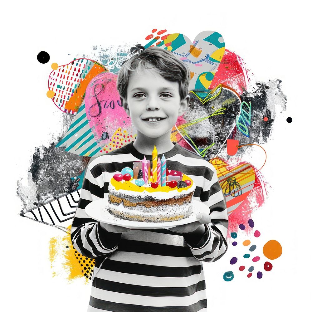 Kid holding birthday cake portrait collage dessert.