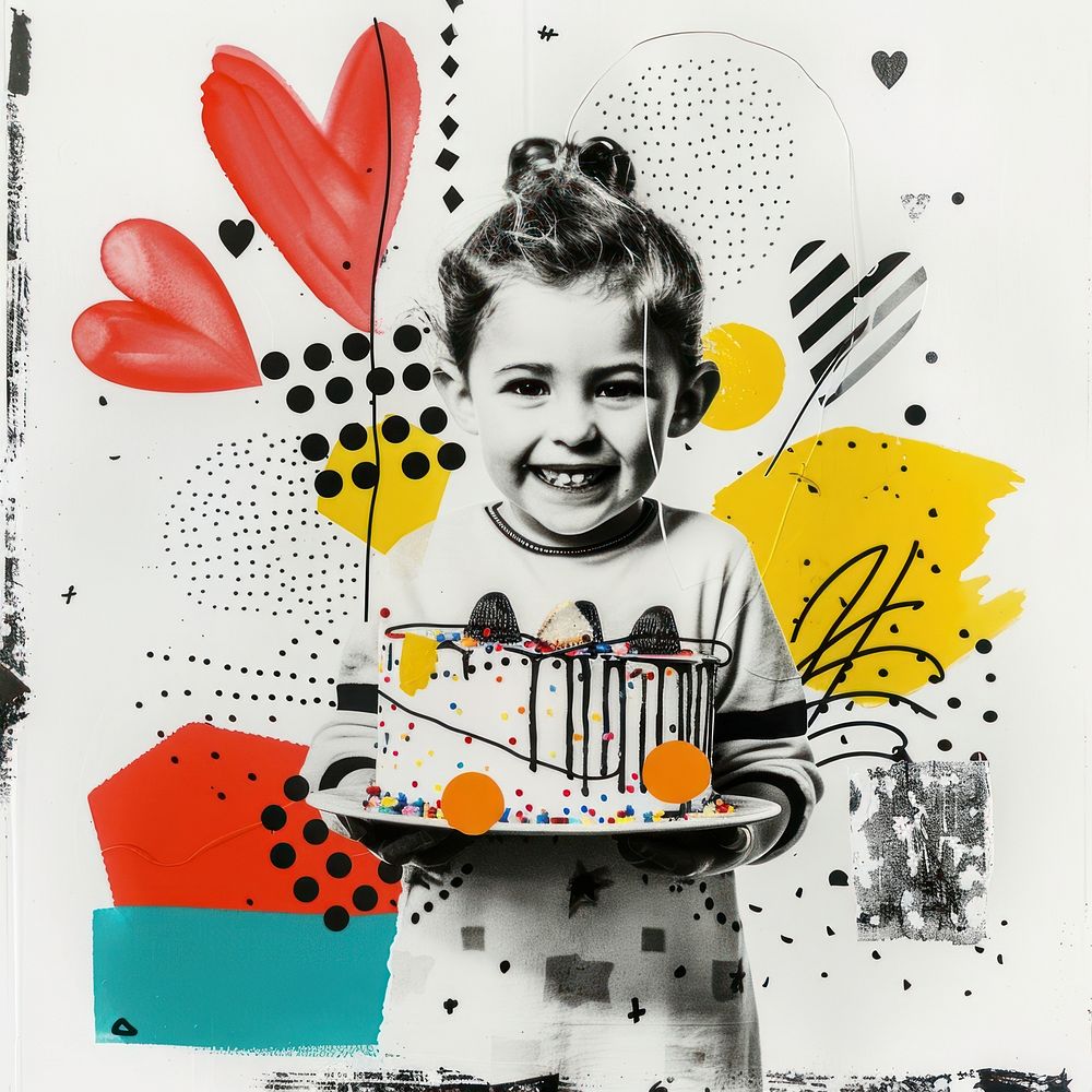 Kid holding birthday cake portrait collage art.