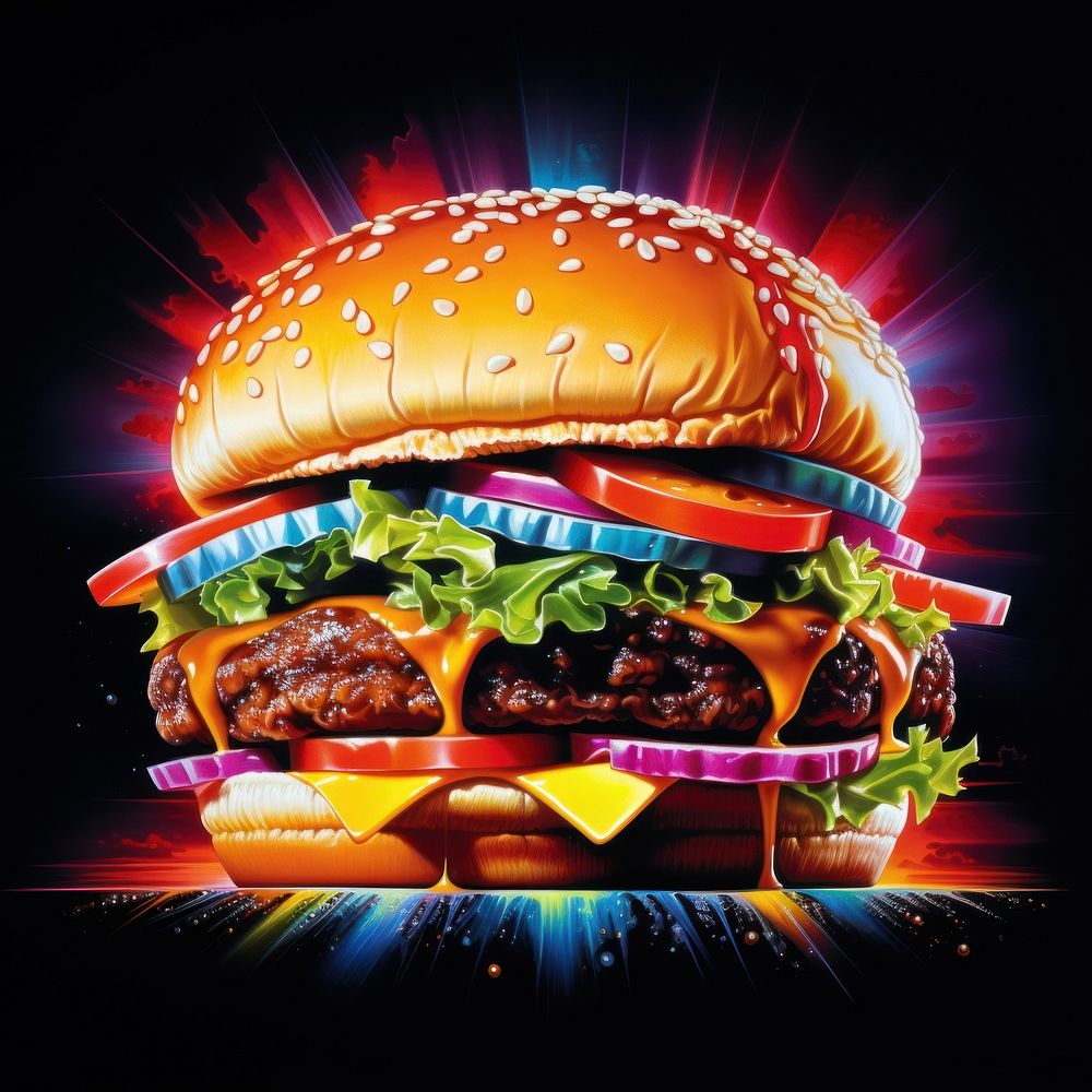 Burger food advertisement illuminated.