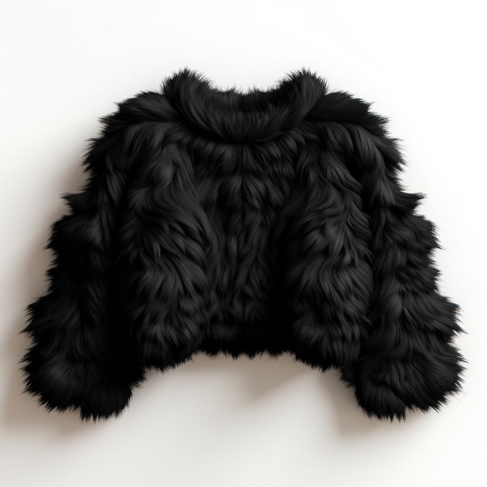 Fluffy black sweater coat fur white background.