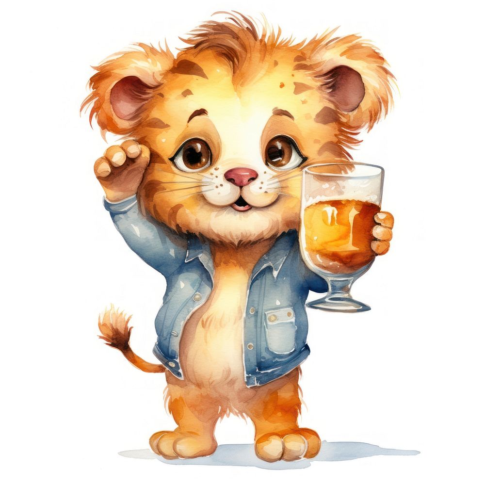 Lion holding huge beer glass cartoon drink cute.