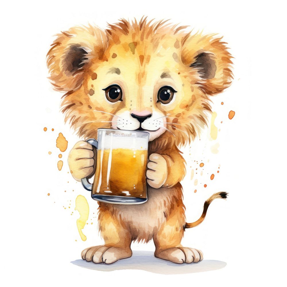 Lion holding huge beer glass cartoon mammal animal.