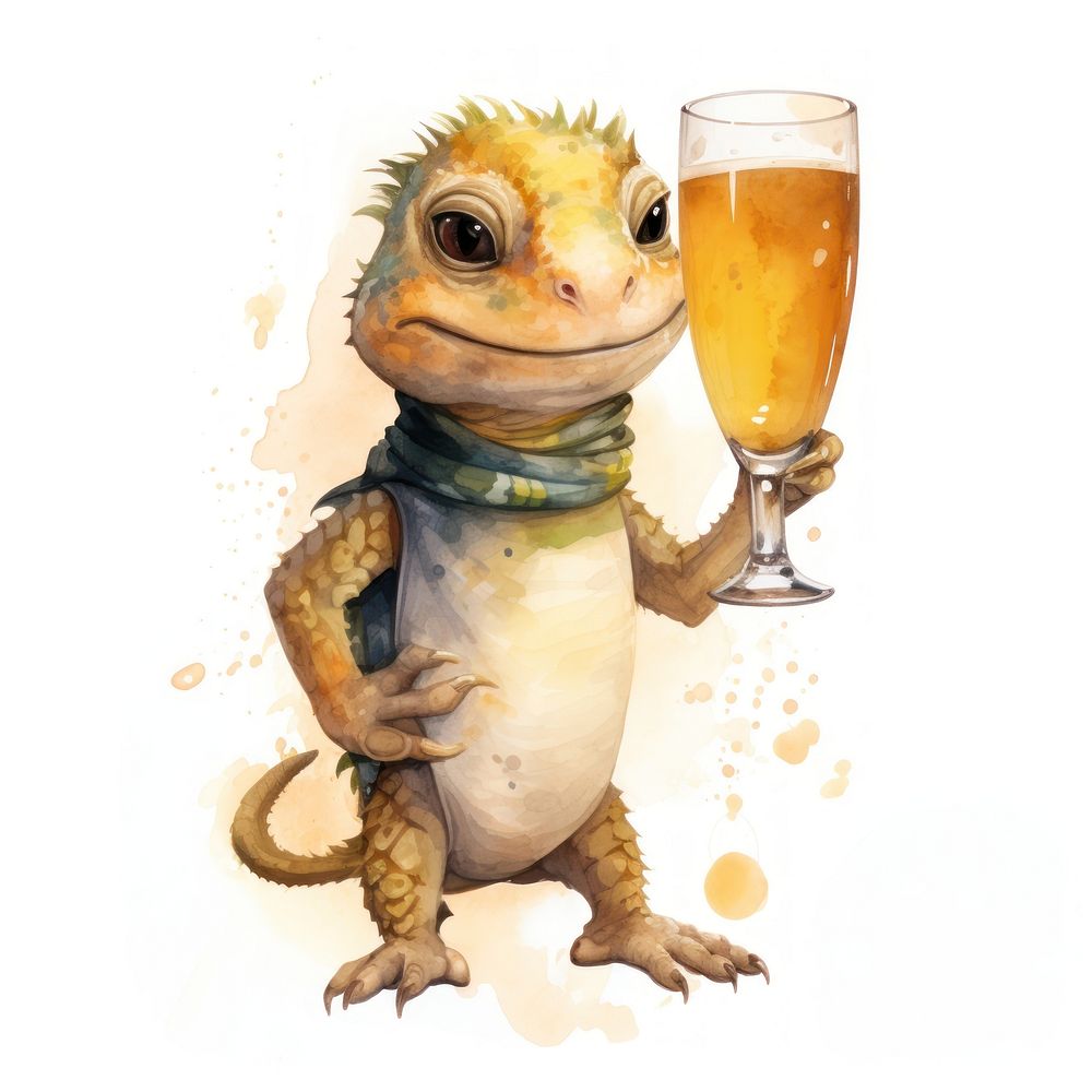 Lizard holding huge beer glass animal cartoon drink.