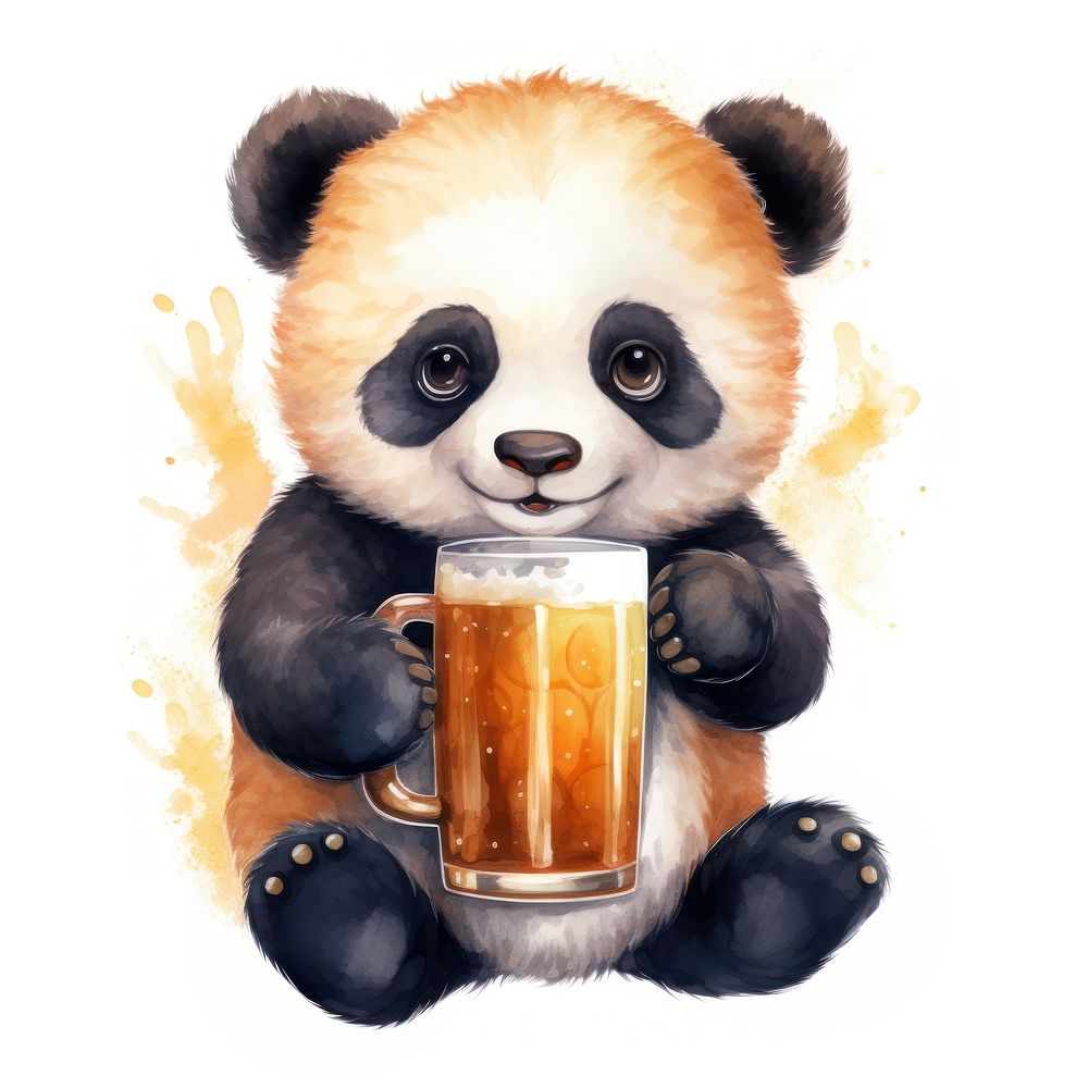Panda holding huge beer glass cartoon drink cute.