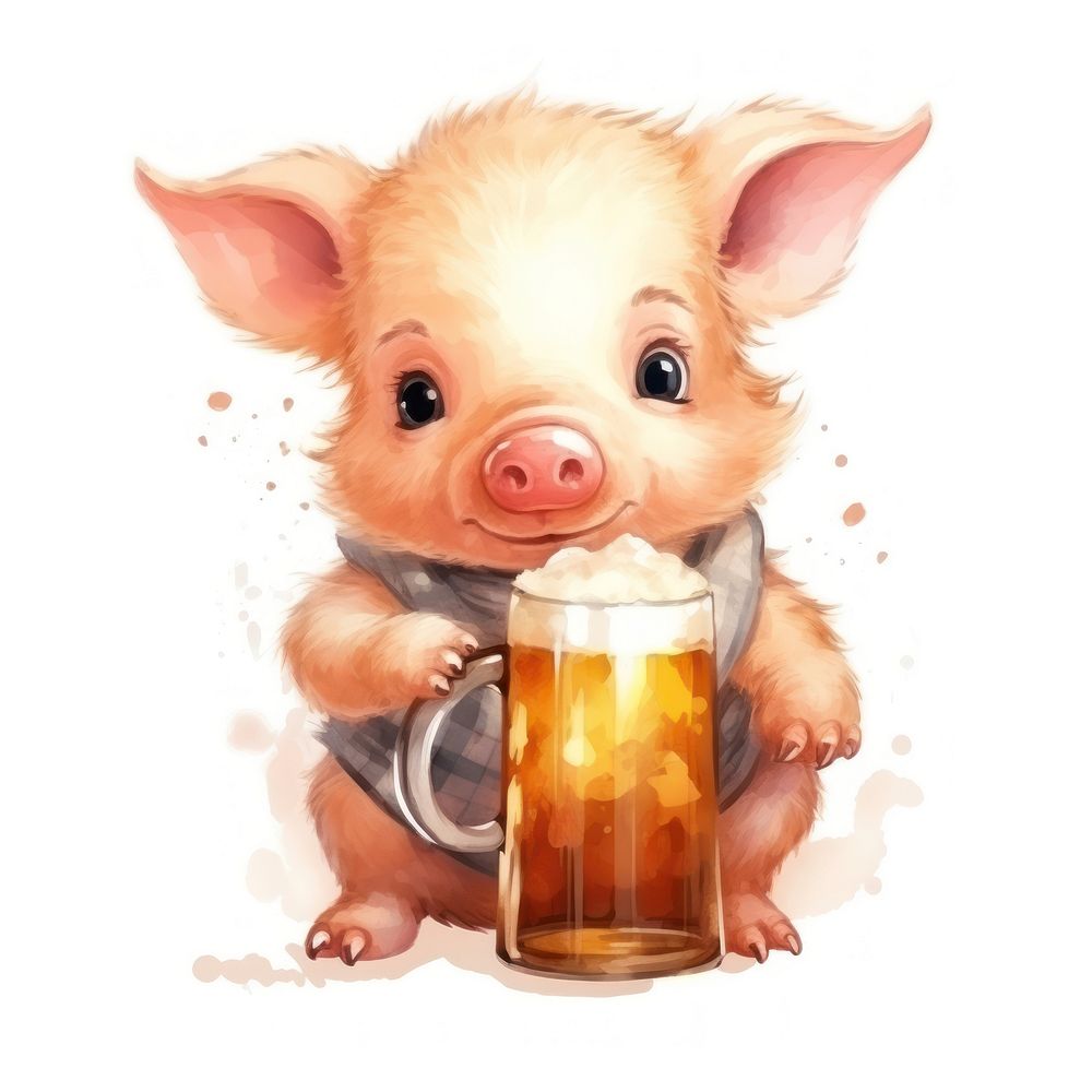 Pig holding huge beer glass cartoon mammal animal.
