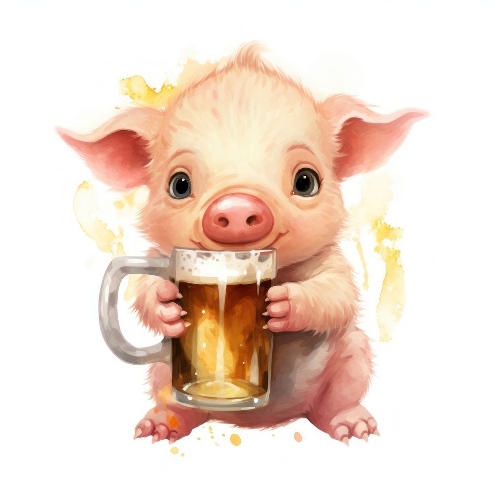 Pig holding huge beer glass cartoon mammal animal.