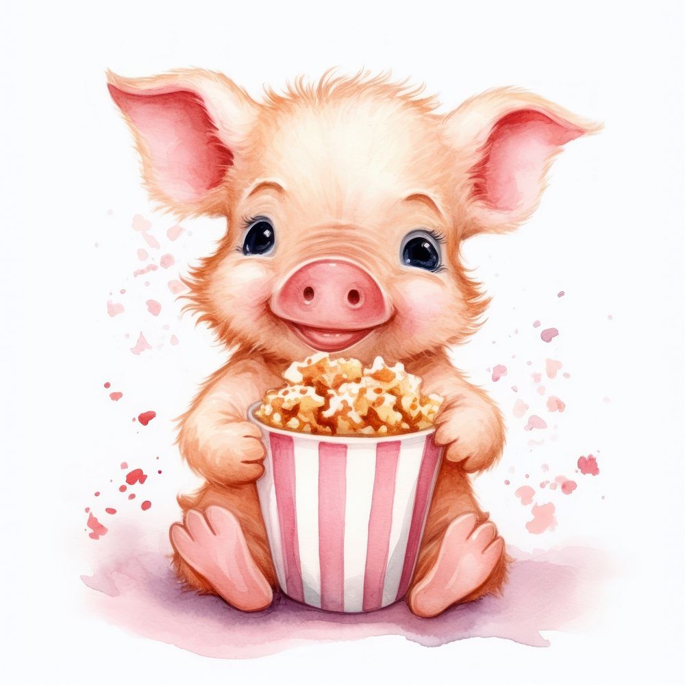 Pig hugging popcorn animal cartoon mammal.