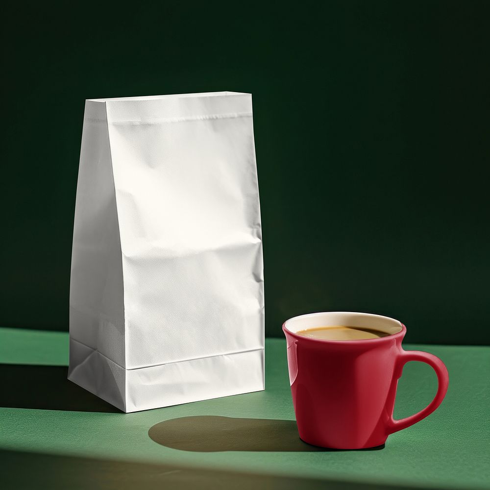White pastry paper bag by red coffee mug