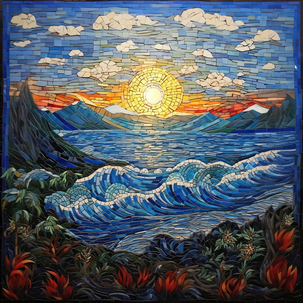 Ocean and mountain pattern mosaic art backgrounds painting.