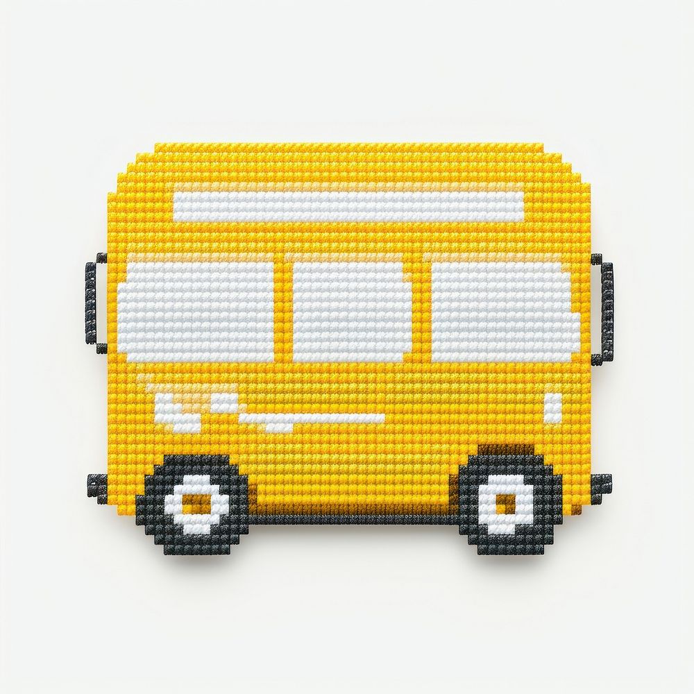Cross stitch school bus vehicle white background transportation.