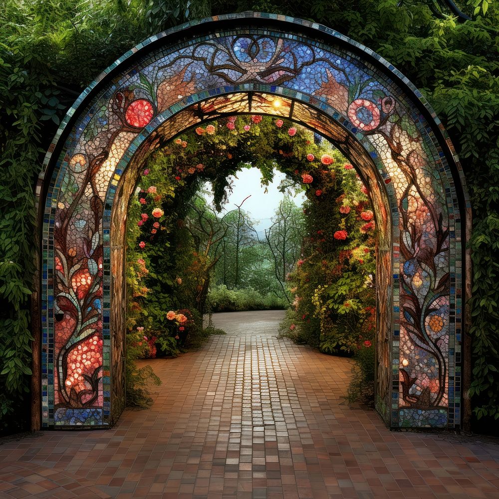 Botanical pattern mosaic arch architecture outdoors.