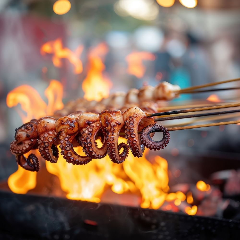 Octopus grill on stick grilling cooking food.