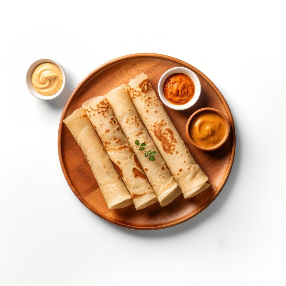 A White beige minimalistic photography of Dosas in cook book style bread plate food.