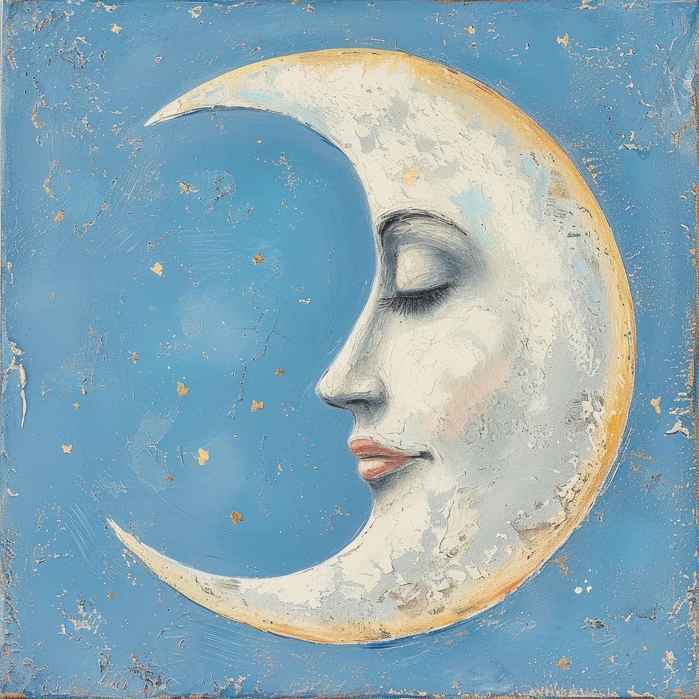 A Calm French Celestial crescent moon face painting night art.