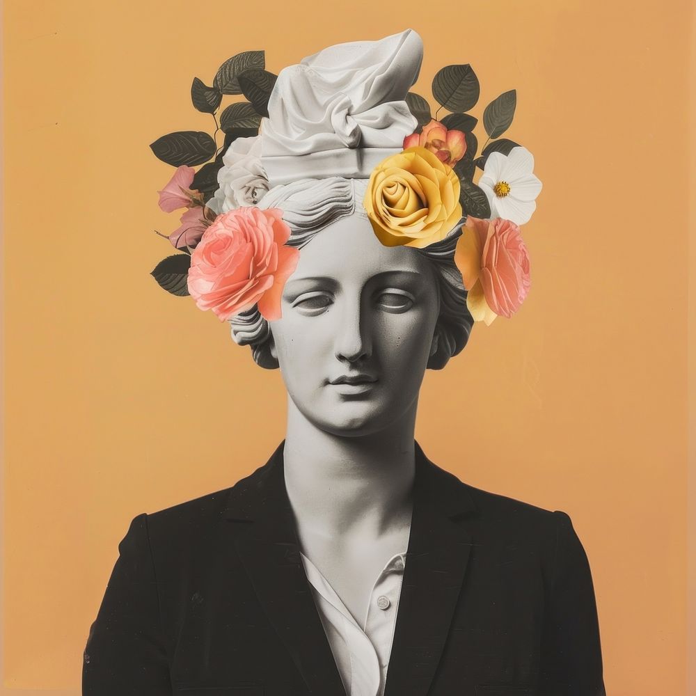 Business women with statue head portrait painting flower.