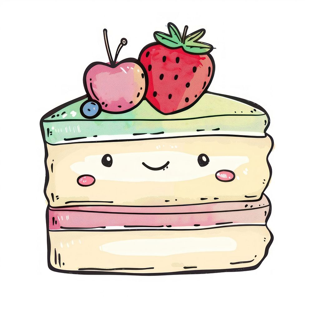 Cake in the style of frayed chalk doodle strawberry dessert food.