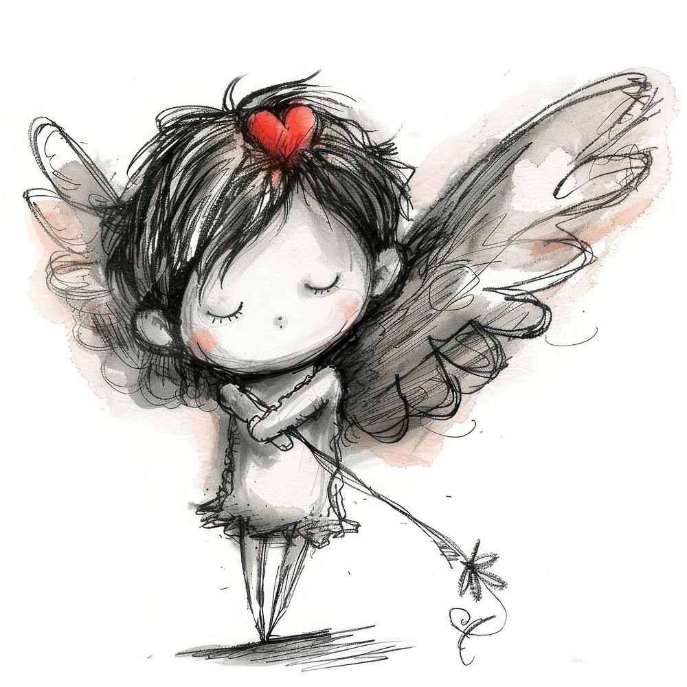 Cupid in the style of frayed chalk doodle drawing sketch representation.