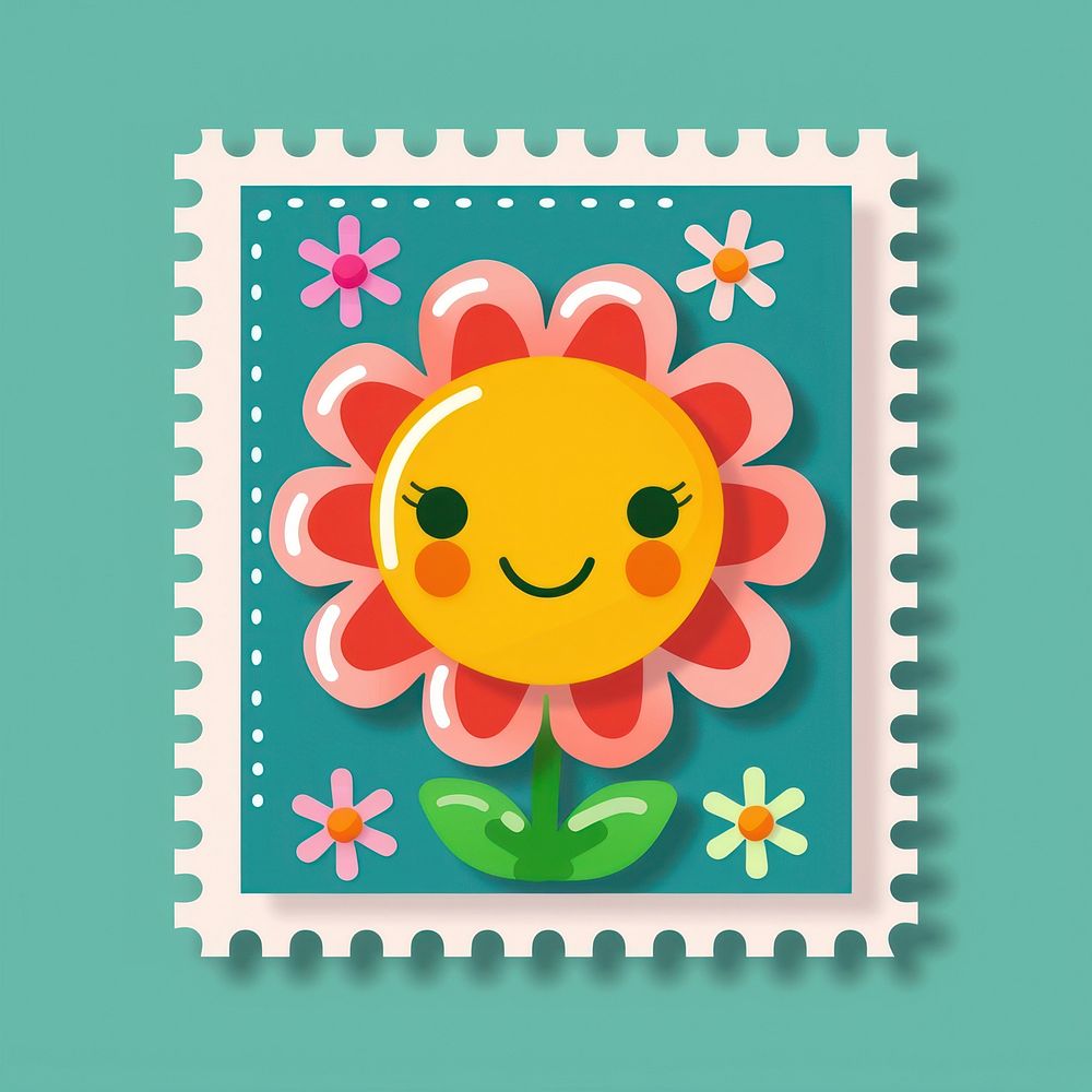 Cute postage stamp cartoon flower anthropomorphic.