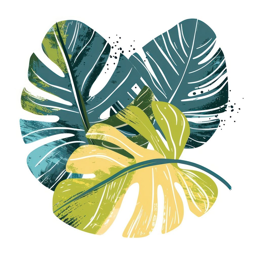 Tropical leaves in the style of frayed chalk doodle plant leaf white background.