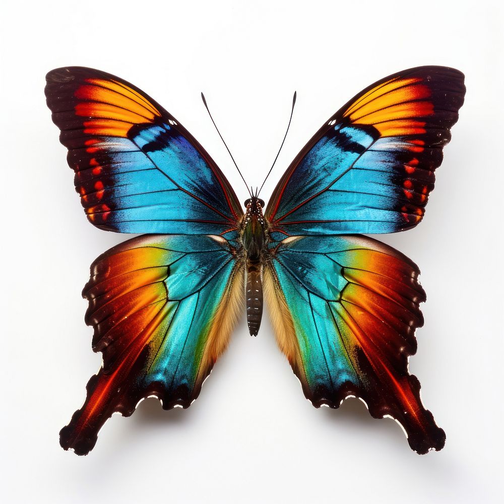 Brightly colored butterfly animal insect white background.
