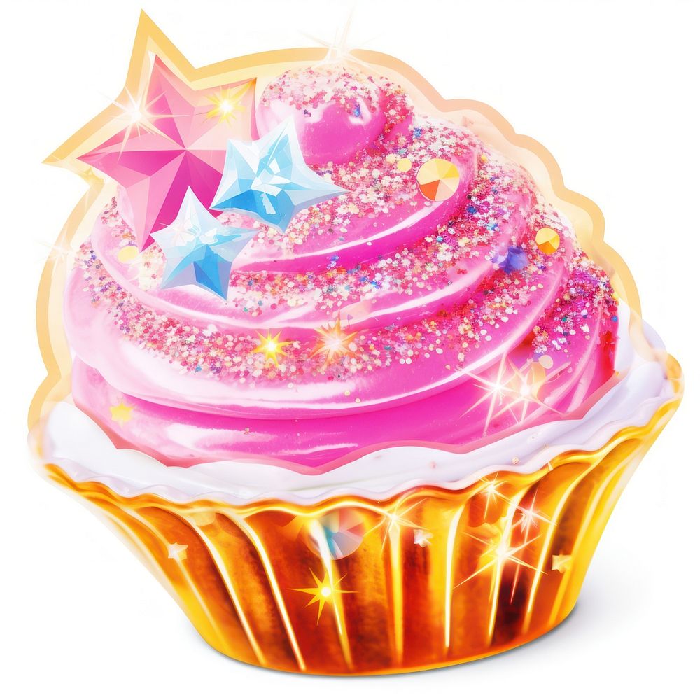 Sticker a glitter dessert shaped cupcake icing food.