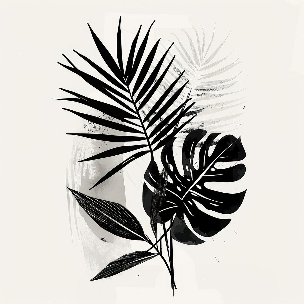 Tropical leaves in style chinese ink brush stroke drawing sketch plant.