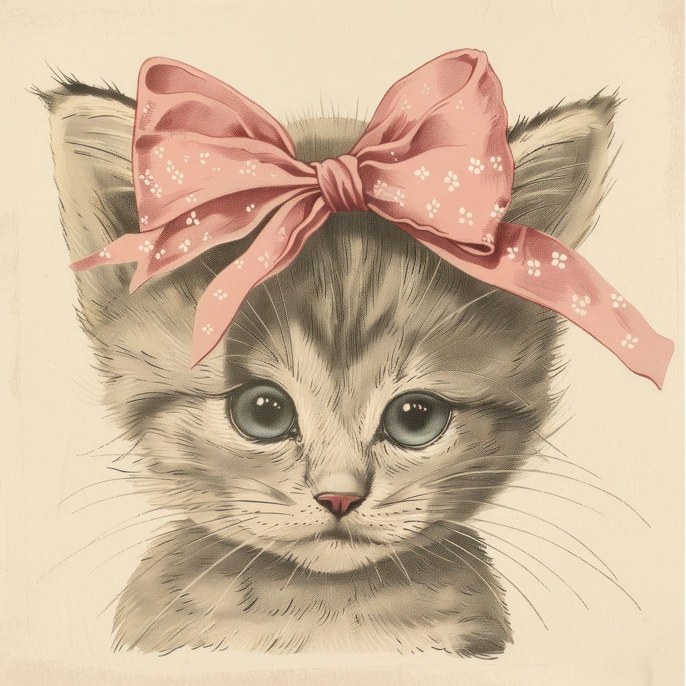 Vintage illustration with Kitten drawing mammal animal.