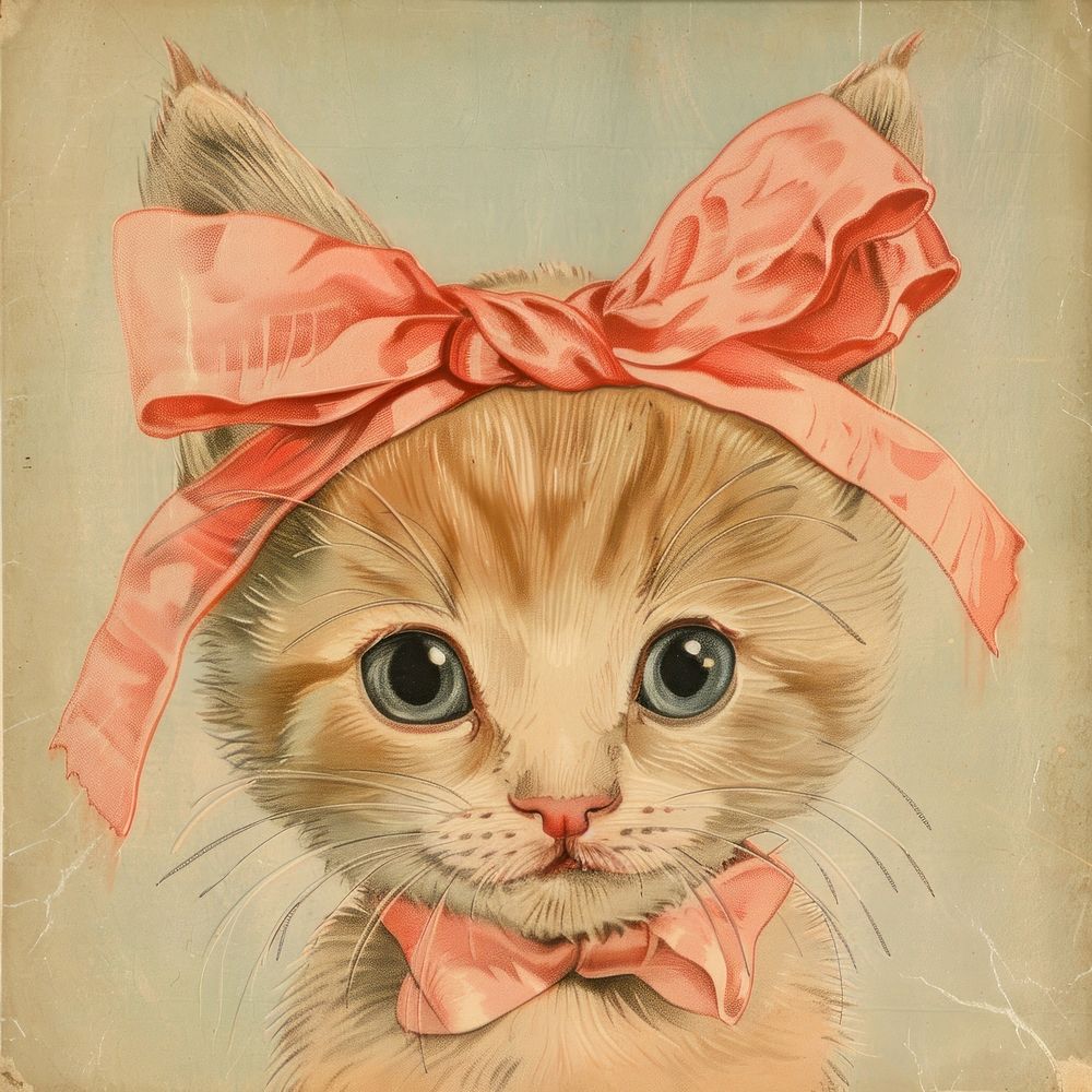 Vintage illustration with Kitten mammal animal pet.