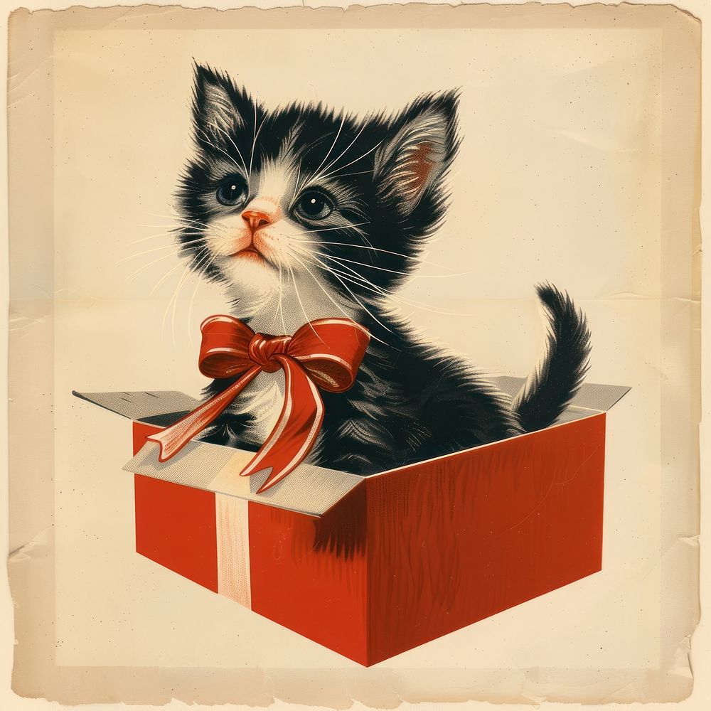 Vintage illustration with Kitten kitten mammal animal.